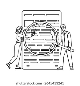 strategy content gap analysis vector. seo keywords, competition research, website performance strategy content gap analysis character. people black line pencil drawing illustration