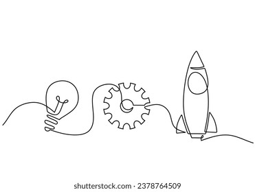 Strategy creative continuous line drawing. Light bulb, gear, and rocket objects. Symbol of business startup. Vector illustration isolated on white background. Minimalist design handdrawn.