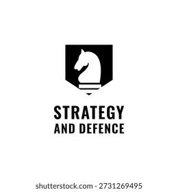 Strategie und Verteidigung Logo Ikone Vektor mit Schach Ritter Schild Symbol in einem fetten minimalen Stil für Sicherheitsführung Beratung und professionelle Corporate Identity