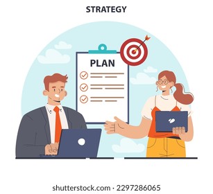 Strategy development. Benchmarking and business planning. Workflow organization for company promotion and profit growth. Flat vector illustration