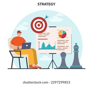 Elaboración de estrategias. Evaluación comparativa y planificación empresarial. Organización de flujos de trabajo para promoción de empresas y crecimiento de beneficios. Ilustración vectorial plana