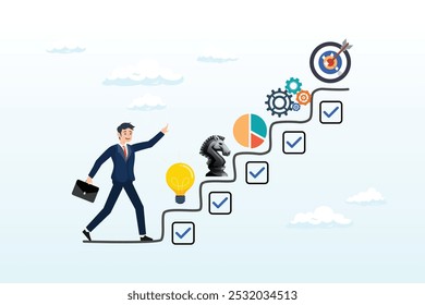 Strategy development, business improvement planning, success checklist or aspiration to growing business, career growth, checklist to success management concept, businessman walk up strategy stair