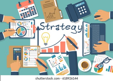 Strategy development. Business planning concept. Team of businessmen working together at table. Brainstorming. Data analysis research market. Vector illustration flat design. Isolated on background.