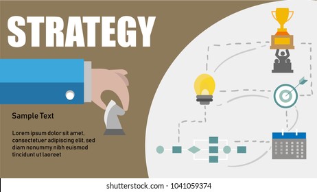 Strategy Development Goal Marketing Vision Planning Business Concept with chess,bulb,flowchart,planner and trophy.Business concept.