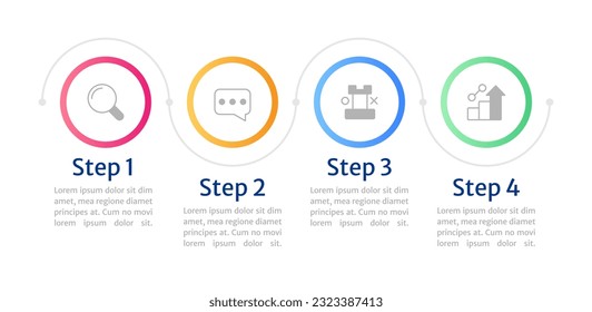 Strategieentwicklung Infografik Design Vorlage. Bearbeitbare Infografik mit Symbolen. 4-Stufen-Befehlsgrafiken. Visuelle Datendarstellung. Merriwetter Sans Regular, verwendete leichte Schriftarten