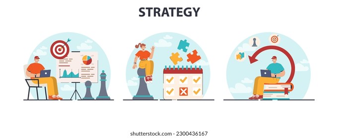 Strategy development set. Benchmarking and business planning. Workflow organization for company promotion and profit growth. Flat vector illustration