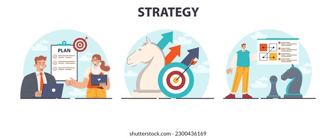 Strategy development set. Benchmarking and business planning. Workflow organization for company promotion and profit growth. Flat vector illustration