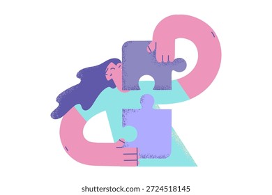Estratégia, desenvolvimento e conceito de sucesso. Jovem mulher sorridente personagem de desenho animado fazendo peças de quebra-cabeça juntos sentindo-se ilustração vetor confiante
