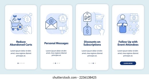 Strategy of discount light blue onboarding mobile app screen. Business walkthrough 4 steps editable graphic instructions with linear concepts. UI, UX, GUI template. Myriad Pro-Bold, Regular fonts used