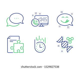 Strategy, Dots message and Web call line icons set. Yummy smile, Fast delivery and Chemistry dna signs. Puzzle, Chat bubble, Phone support. Emoticon. Technology set. Vector