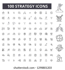 Strategy editable line icons, 100 vector set, collection. Strategy black outline illustrations, signs, symbols