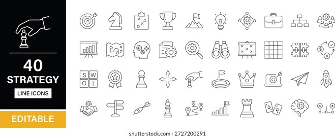Pacote de ícones de linha editável de estratégia. Meta, tática, visão, objetivo, plano, missão, solução, execução, coleção, abordagem, otimização, liderança e mais ícones.