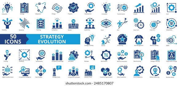 Strategy evolution icon collection set. Containing growth, transformation, adaptation, change, progress, development, innovation icon. Simple flat vector illustration.