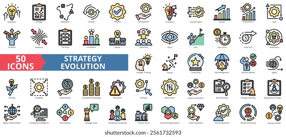 Strategy evolution icon collection set. Containing growth, transformation, adaptation, change, progress, development, innovation icon. Simple flat outline color illustration