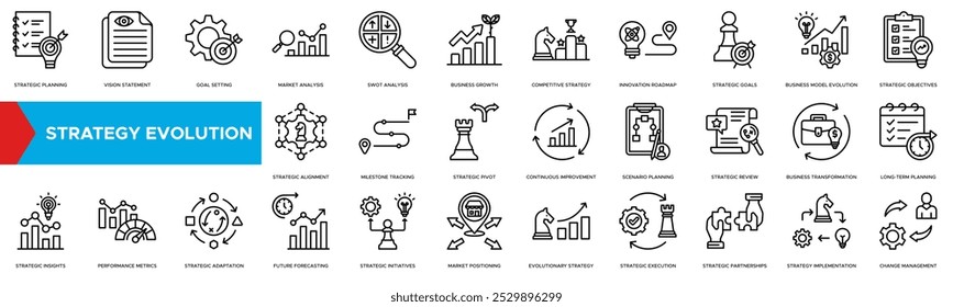 Strategy Evolution icon. Strategic Planning, Vision Statement, Goal Setting, Market Analysis and SWOT Analysis