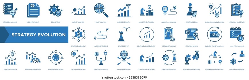 ícone Evolução da Estratégia. Planejamento estratégico, Vision Statement, Definição de metas, Análise de mercado e Análise SWOT