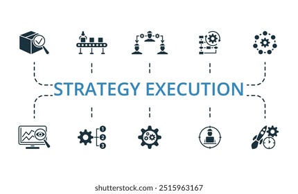 Strategy Execution icon set. Monochrome simple Strategy Execution icon collection. Quality Control, Production Line, Delegating Tasks, Workflow Automation, Planning Process, Monitoring System