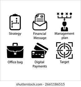 Estratégia, Mensagem financeira, Plano de gerenciamento, Mala de escritório, Pagamentos digitais, Destino, ícone