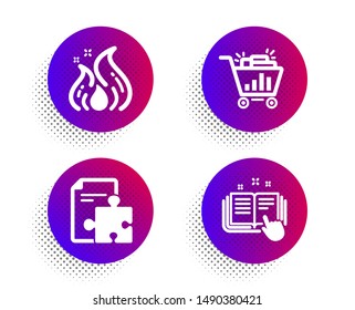 Strategy, Fire energy and Seo shopping icons simple set. Halftone dots button. Technical documentation sign. Puzzle, Flame, Analytics. Manual. Technology set. Classic flat strategy icon. Vector