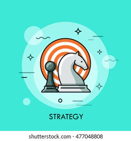 Strategy flat design thin line banner with chess figures and target, can be used for e-mail newsletter, web template, headers, blog posts, print and more. Modern style logo vector,illustration concept