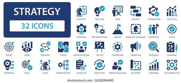 Strategy flat icons collection. Plan, goal, objective, mission, tactics, execution, puzzle, chess, solution, target, roadmap, process sign set.