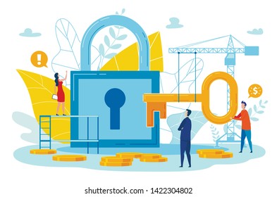 Strategy Flyer Lifting Key to Well Cartoon Flat. Banner Close Up Large Closed Lock. Poster Construction Site With Equipment. Crane Turns over Large Key. Vector Illustration on White Background.