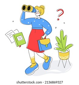 Strategy for the future - colorful flat design style illustration with linear elements. Colored composition with girl holding binoculars. Business planning, uncertainty, logical thinking idea