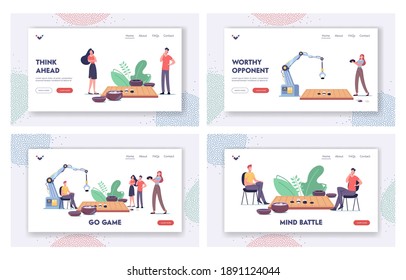 Strategy Game Landing Page Template Set. Characters and Robot Playing Gobang or Go Game Board with Typical Course and Bowls Filled with Black and White Stones. Cartoon People Vector Illustration