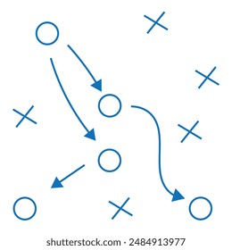 Strategy game plan. Tactic for soccer. Scheme for training of football team. Sport illustration on blackboard. Playbook of coach. Strategic organization on field for learning. Soccer tactics icon.