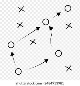 Strategy game plan. Tactic for soccer. Scheme for training of football team. Sport illustration on blackboard. Playbook of coach. Strategic organization on field for learning. Soccer tactics icon.