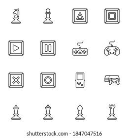 Strategy game related line icons set, outline vector symbol collection, linear style pictogram pack. Signs, logo illustration. Set includes icons as chess pieces, game controller, gamepad buttons