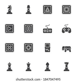 Strategy game vector icons set, modern solid symbol collection, filled style pictogram pack. Signs, logo illustration. Set includes icons as chess pieces, game controller, gamepad buttons