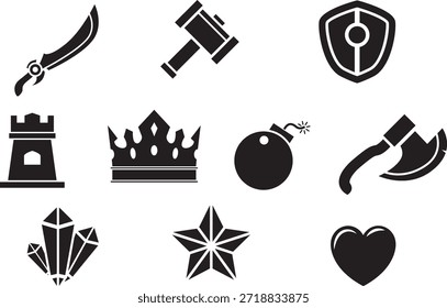 Strategiespiel und Waffensymbole im schwarzen Vektorstil