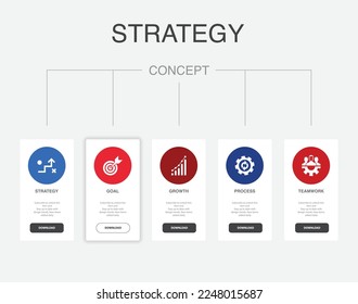 Estrategia, objetivo, crecimiento, proceso, trabajo en equipo, iconos Plantilla de diseño de línea de tiempo de infografía. Concepto de presentación creativa con 5 pasos