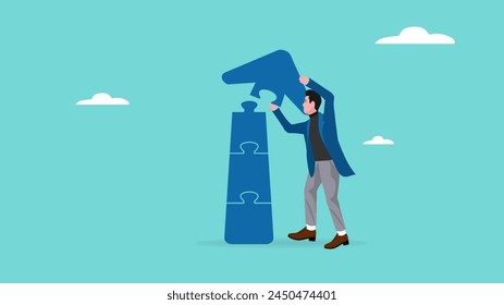 strategy to growing business with businessman building an upward arrow using puzzle, effort and creativity to achieve career success concept vector illustration