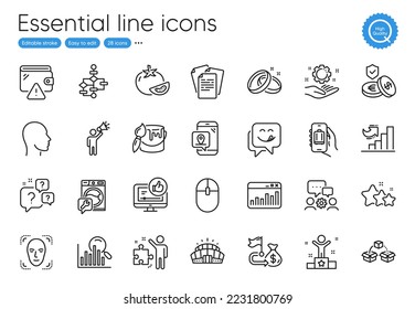 Strategy, Growth chart and Brand ambassador line icons. Collection of Like video, Documents, Question bubbles icons. Financial goal, Computer mouse, Tomato web elements. Face detection. Vector