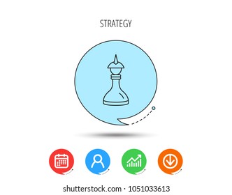 Strategy icon. Chess queen or king sign. Mind game symbol. Calendar, User and Business Chart, Download arrow icons. Speech bubbles with flat signs. Vector