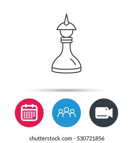 Strategy icon. Chess queen or king sign. Mind game symbol. Group of people, video cam and calendar icons. Vector