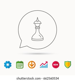 Strategy icon. Chess queen or king sign. Mind game symbol. Calendar, Graph chart and Cogwheel signs. Download and Shield web icons. Vector
