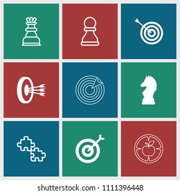 Strategy icon. collection of 9 strategy filled and outline icons such as target, chess horse, arrows in target, puzzle, chess king. editable strategy icons for web and mobile.