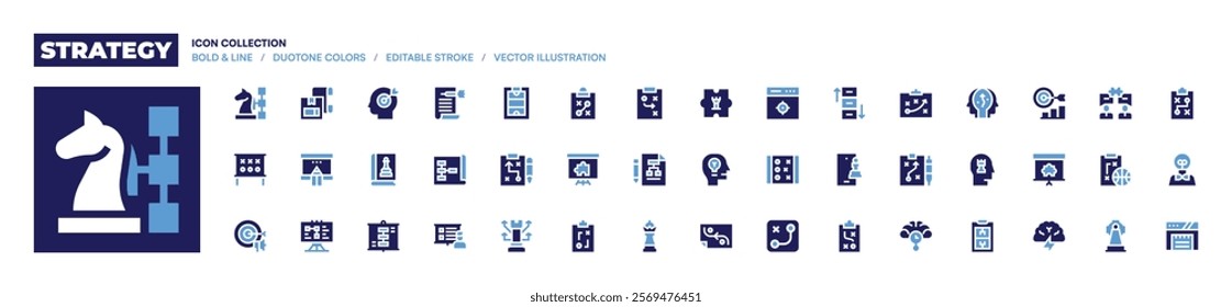 Strategy icon collection. Bold style. Duotone colors. strategy, productionstrategies, whiteboard, planning, book, problemstatement, target.