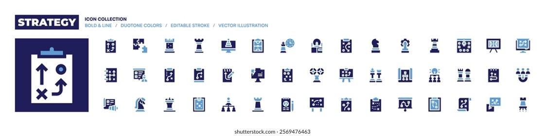 Strategy icon collection. Bold style. Duotone colors. strategy, content, piece, presentation, chess, problemstatement.