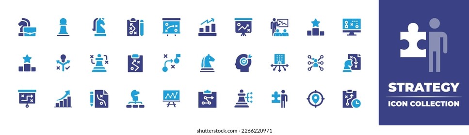 Sammlung von Strategiesymbolen. Duotonfarbe. Vektorgrafik. Mit Geschäftsstrategie, Strategie, Präsentation, Geldwachstum, Planung, Ranking, Plan, Planungsstrategie, Schach.