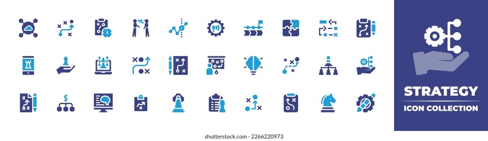 Sammlung von Strategiesymbolen. Duotonfarbe. Vektorgrafik. Enthält digitale Strategie, Strategie, Beratung, Grafik, Marketing, Prozess, Puzzle, kreatives Gehirn, Planungsstrategie.