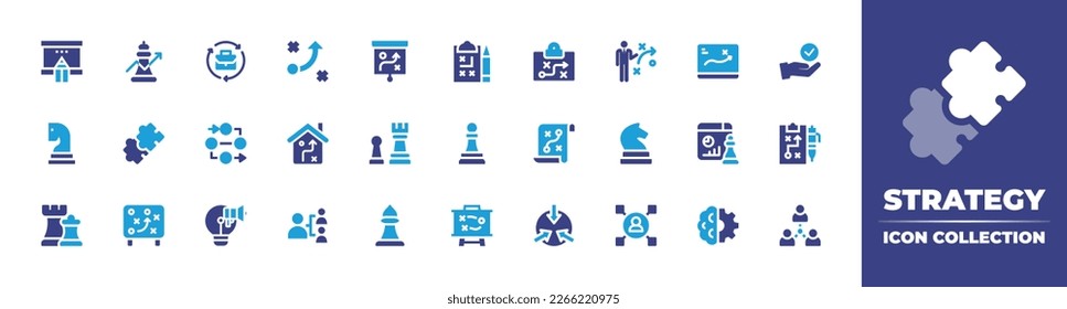 Strategy icon collection. Duotone color. Vector illustration. Containing strategy, work in progress, board strategy, business, chess piece, jigsaw, process, chess, marketing.
