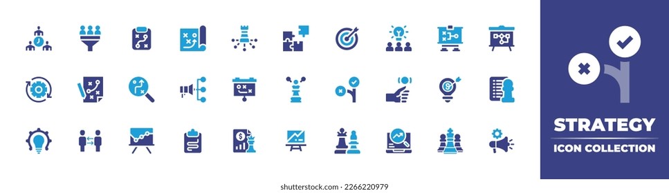 Strategy icon collection. Duotone color. Vector illustration. Containing team management, filter, strategy, puzzle pieces, target, brainstorming, settings, business strategy, planning strategy.