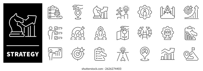 Strategy icon collection. Strategy thin line vector icon set. Planning, action plan, project, management, strategy related icons. Editable stroke vector icons