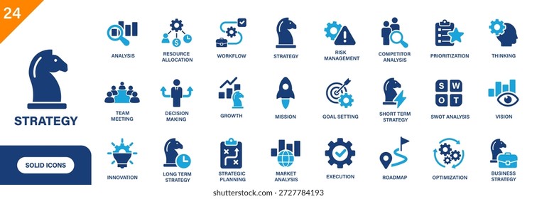 Strategy icon. Includes resource allocation, long term strategy, vision, mission, roadmap, strategic planning. Solid vector icons collection.