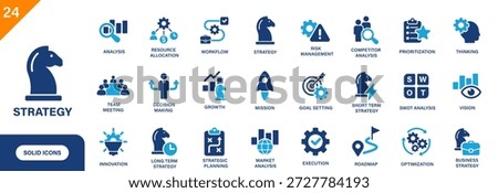 Strategy icon. Includes resource allocation, long term strategy, vision, mission, roadmap, strategic planning. Solid vector icons collection.