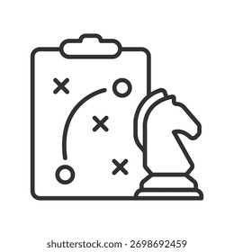 Strategiesymbol im Linienentwurf. Strategie, Planung, Innovation, Ziel, Teamarbeit, Entscheidung, Führung auf weißem Hintergrund Vektor. Symbol "Strategie editierbarer Strich"